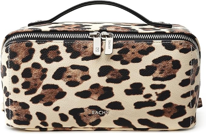 EACHY Travel Makeup Bag for Women, Flat Open Leopard Print Cosmetic Bag | Leopard-print PU leather cosmetic bag opens flat with dividers and clear TPU brush pocket for makeup and travel essentials by EACHY