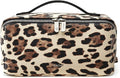 EACHY Travel Makeup Bag for Women, Flat Open Leopard Print Cosmetic Bag | Leopard-print PU leather cosmetic bag opens flat with dividers and clear TPU brush pocket for makeup and travel essentials by EACHY