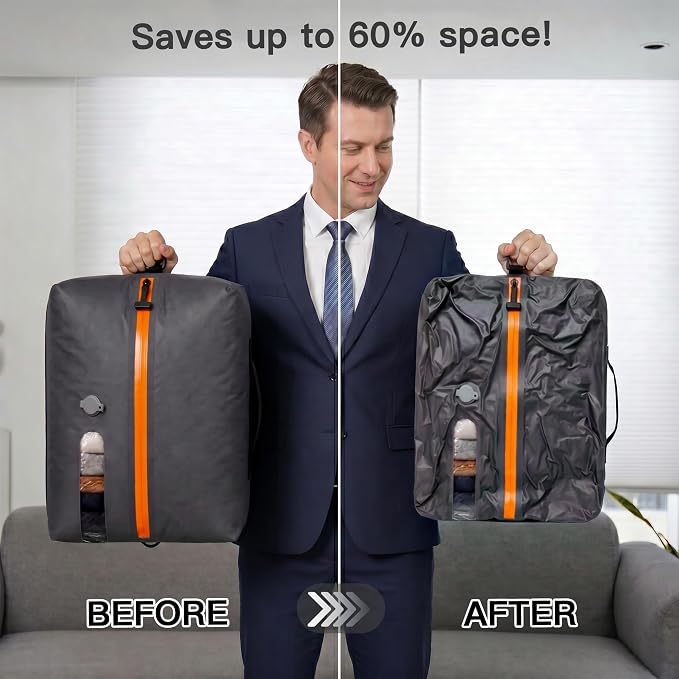 Travel Vacuum Bags With Pump, 2 Pack 22L Compression Kit For Clothes | IPX8 Waterproof; 3-5 Minute Compression; USB-C Cordless Pump; Up To 60-Minute Runtime; Saves Up To 60% Space; Airtight Seal - Image 3