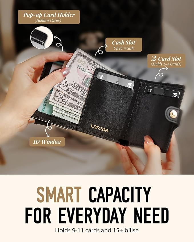 Women Wallet RFID Blocking Wallet for Women, Slim Small Size, Top Grain Leather, Pop up Credit Card Holder, Trifold, Minimalist, Black Saffiano 9-11 Cards Capacity ID Window Cash Pocket,Gift for Her - Image 6