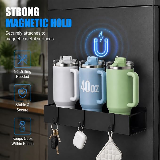 4 Pack Magnetic Cup Holder Heavy Duty, 12 Cup Capacity Water Bottle Organizer fit for Stanley Cup, Tumbler Storage Rack for Kitchen, Side of Fridge, Garage, Laundry Room, Cabinet, Pantry, RV - Black - Image 4