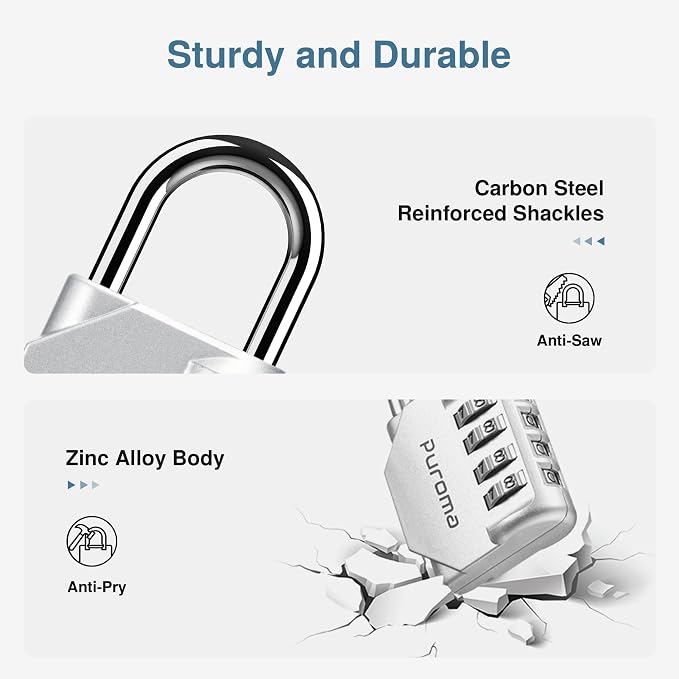 Puroma 1 Pack Combination Lock Locker 4 Digits Combo Padlock Gym Silver | For School Gate Fence Toolbox Hasp Storage, Outdoor, Resettable, Weatherproof, Side Window, Crack Cut Resist, Hardened Steel - Image 4