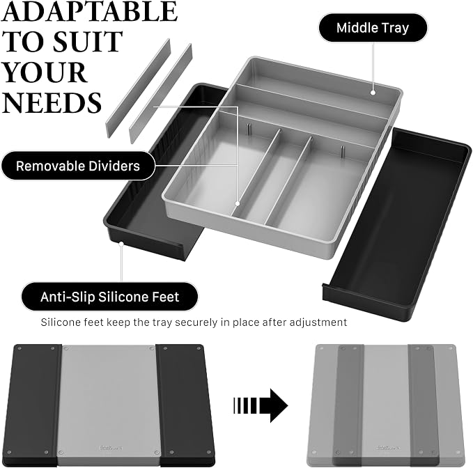 Simple Houseware Expandable Kitchen Drawer Flatware Organizer, Black/Gray | Expandable & Adjustable Cutlery Drawer Organizer - Large Utensil and Flatware Tray for Kitchen Drawers - Image 4