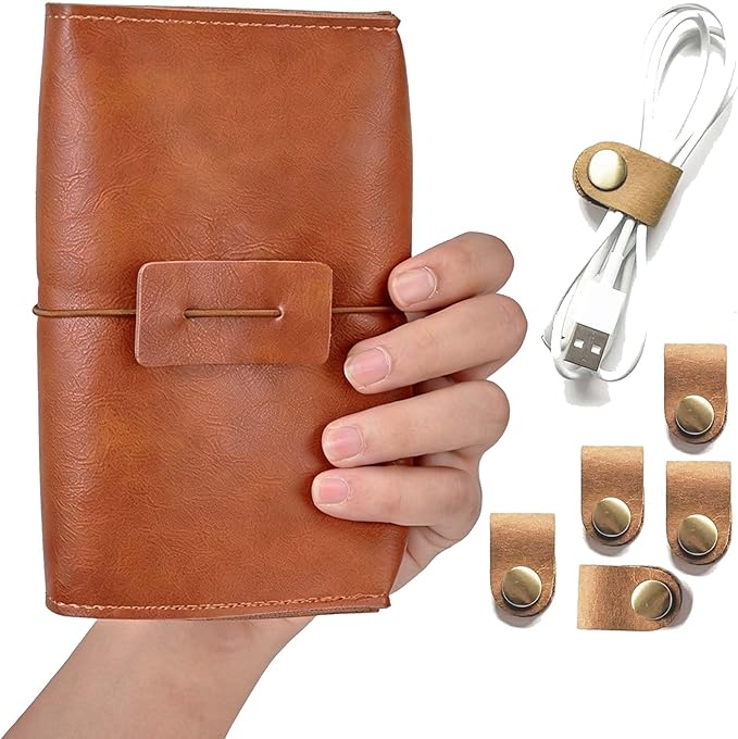 Vintage leather Electronic organizer travel case,cord keeper travel pounch, charger shortage for essentials mouse, adapter, cables,Cable Straps,Earbud case,wrap (Brown leather with band & Organizer) by Unknown