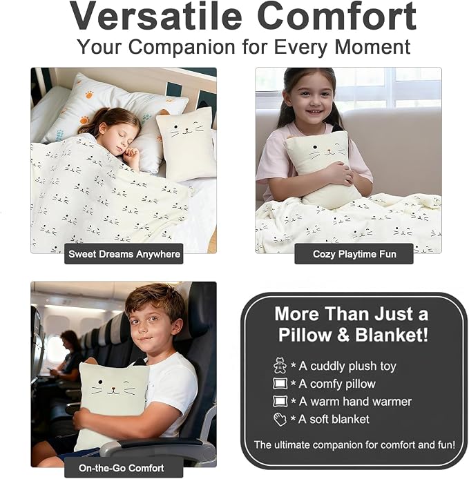 3-in-1 Cat Travel Blanket and Pillow Set for Kids | Soft Snuggle Pillow with Hand Warmer, 40x60 Inch Cute Cat Blanket, Compact for Travel, Camping, Home and Office - Image 8