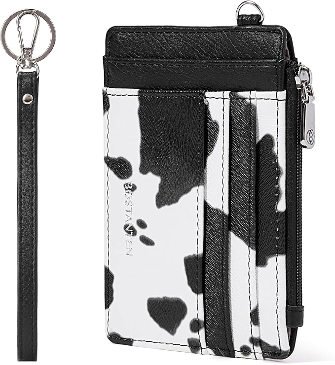 BOSTANTEN Credit Card Holder RFID Small Wallet for Women with Keychain | Slim, Wristlet, Zipper Coin Pocket, Pocket-Friendly, Vegan Leather, Minimalist, Gifts, Cow Print by BOSTANTEN