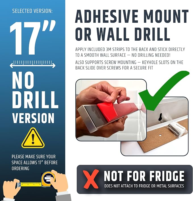 17" Strong Adhesive (No Drill) Magnetic Knife Holder for Wall - Professional Knife Strip - No Screws Needed - Adhesive Backing - Stainless Steel Knife Bar (Upgraded Version – Will Not Fall) - Image 3