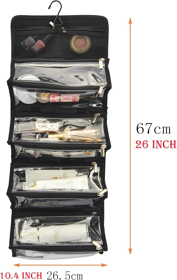 Large Capacity Hanging Eco Polyester Travel Toiletry Bag Makeup Cosmetic Bag 4-in-1 Roll-Up Make Up Storage Organizer With 4 detachable Removable Zipper Clear TPU Pouches & Hook - Image 3