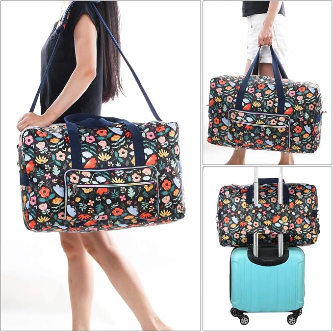 Travel Foldable Waterproof Duffel Bag - Lightweight Carry on Luggage Tote Duffel Bag(Black Floral) - Image 3