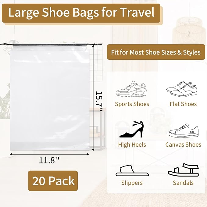 20 Pack Shoe Bags for Travel, Clear Travel Shoe Bags for Packing Waterproof | 15.7" x 11.8" Large Portable Drawstring Travel Shoe Storage Bag Travel Essentials Women for and Men - Image 2