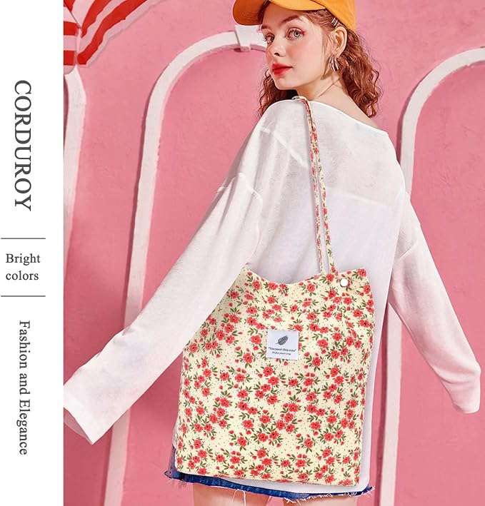 LHMTQVK Corduroy Tote Bags for Women, Large Capacity Tote Purse Reusable Grocery Shoulder Bag with Inner Pockets - Image 6