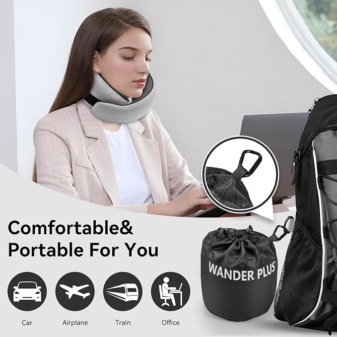 WANDER+ Plus® Travel Neck Pillow, Max Black | Pure Memory Foam, Comfortable Breathable Cover, 360 Degree Support Ergonomic Design - Image 5