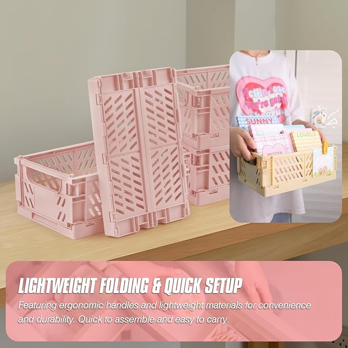 4 Pcs Collapsible Storage Crates, 10x5.9x4 inches Space-Saving Folding Containers, Stackable Plastic Boxes for Home Kitchen Office Bedroom Bathroom, Pink - Image 3