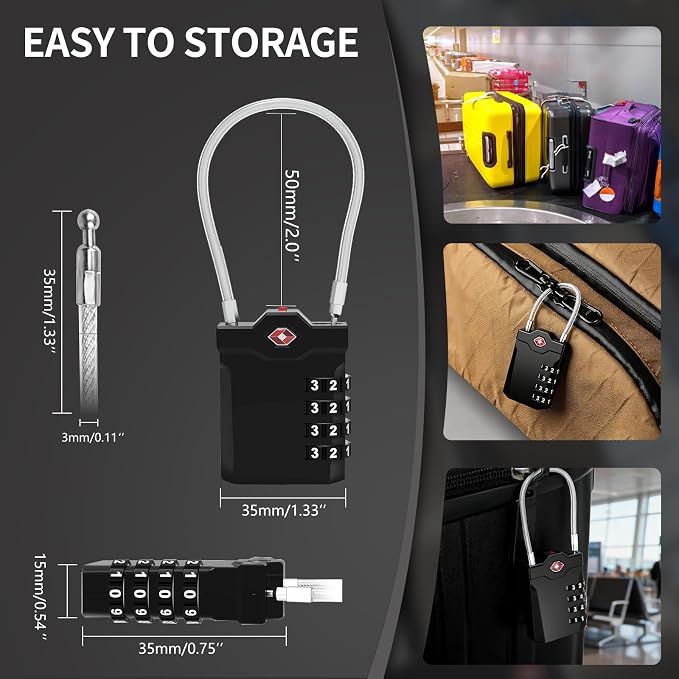 XOOL 2PCS TSA Approved Luggage Locks 4 Digit with Flexible Steel Cable, Resettable Luggage Padlock for Suitcases, Backpacks, Gym Bags & Travel Use - Image 7