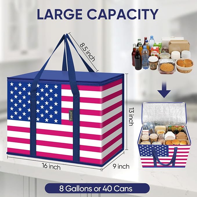 BALEINE 2PK Insulated Reusable Grocery Bags, Collapsible Cooler Bag for Groceries, Heavy Duty Large Insulated Bag (16''x9''x13'', Patroit Celebration) - Image 4