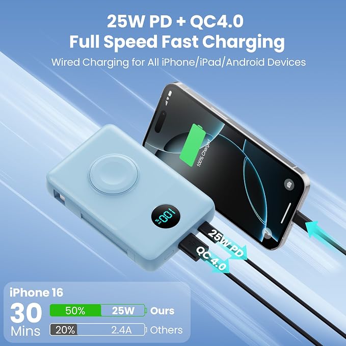Magnetic Portable Charger 10800mAh with Built-in Cables,Wireless Power Bank,25W PD Fast Charging USB-C Travel Essentials Battery Pack for iPhone 17/16/15/14/13/12 Series,Apple Watch-Light Blue - Image 4