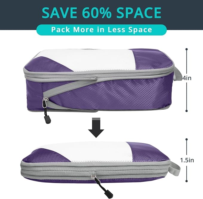 Compression Packing Cubes 6 Set, Compressible Space-Saving Packing Cubes for Travel - Compression Bags, Luggage Organizer, Travel Essentials for Women, Purple - Image 2