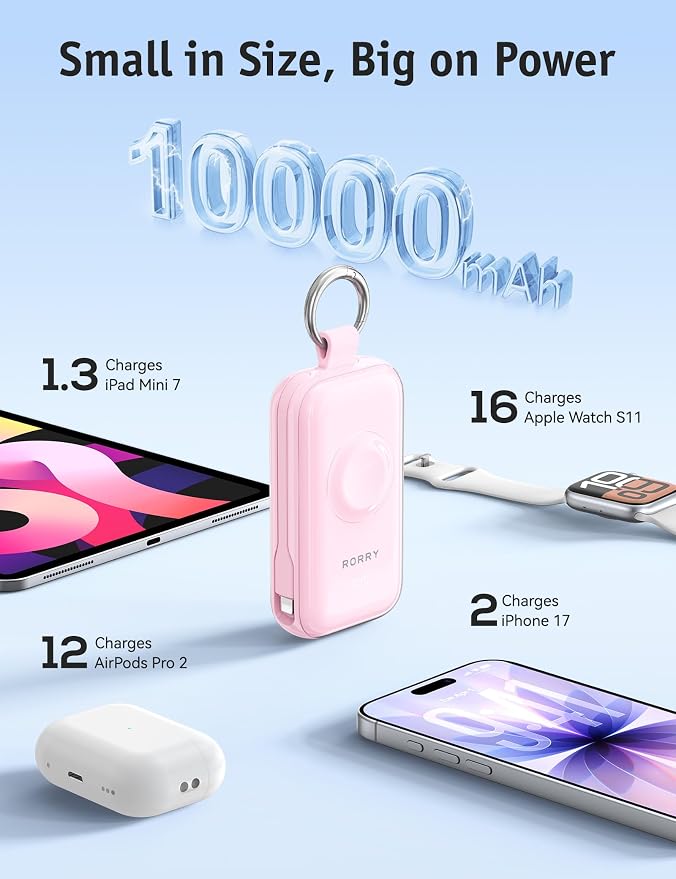 RORRY CharmGo Pro 45W Portable Charger Power Bank 10000mAh Battery Pack | Fast Charging, Built-in Cables, 3-in-1 Keychain Design, for iPhone, Apple Watch, iPad, MacBook, Travel Essential, Pocket Size - Image 5