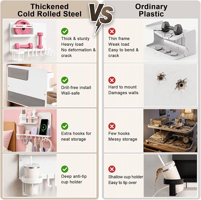 Metal Bedside Wall Shelf,【No Drill】 Wall Organizer for Dorm Teen Room Decor | Floating Bedside Shelf Wall Mount Nightstand for Bedroom, Loft Bed, Bunk Bed, Small Room Stuff, Teen Girl, RV Shelves, Dorm - Image 4