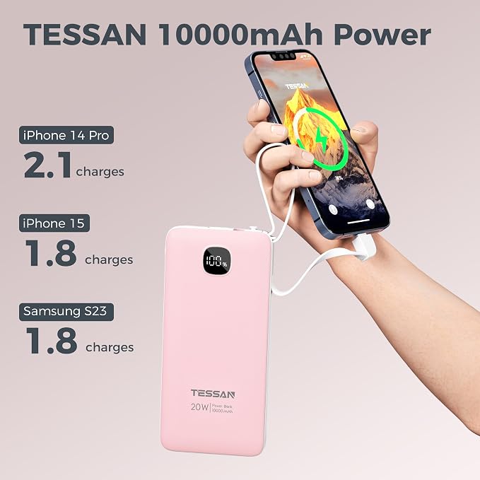 Portable Charger with Built in Cables,TESSAN 10000mAh Power Bank Fast Charging with Foldable Wall Plug Charger, PD20W Compact Battery Pack Travel Essentials for iPhone 17/16/15 Series,Samsung,Tablets | PD20W USB C Fast Charging with Foldable AC Outlets... - Image 5