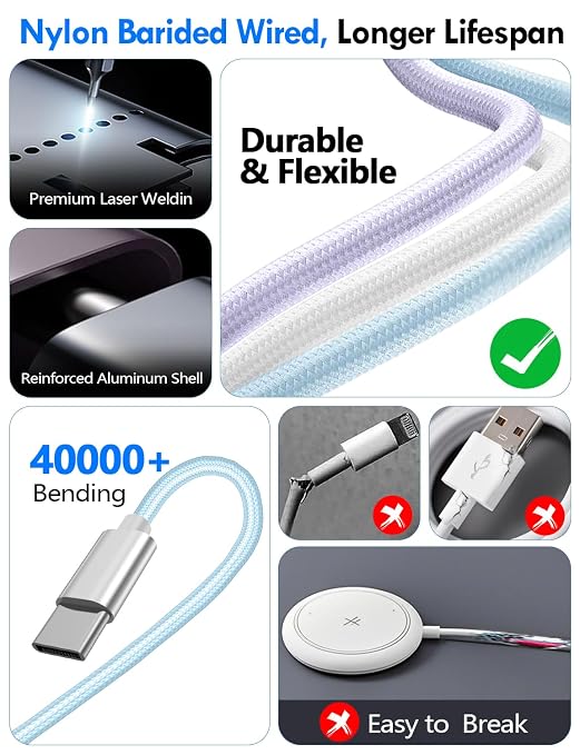 2Pack Travel Essentials for Apple Watch Charger,3-in-2 Multi Charging Cable | Cruise Vacation Camping Essentials for iPhone Charger,Type C/Lightning for iWatch,iPhone 17-12,Xbox Series X&S-4FT Blue - Image 5