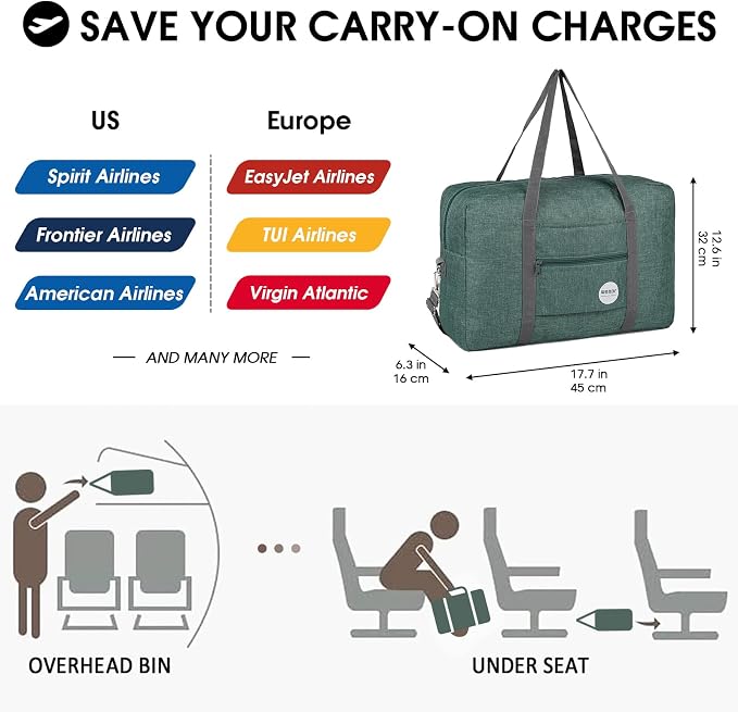 WANDF Foldable Travel Duffel Bag Luggage Sports Gym Water Resistant Nylon (E-Denim Green with Strap) | 18x14x8 inches, Airline Underseat Aprroved, Weekend Overnight Trips, Lightweight Packable - Image 2