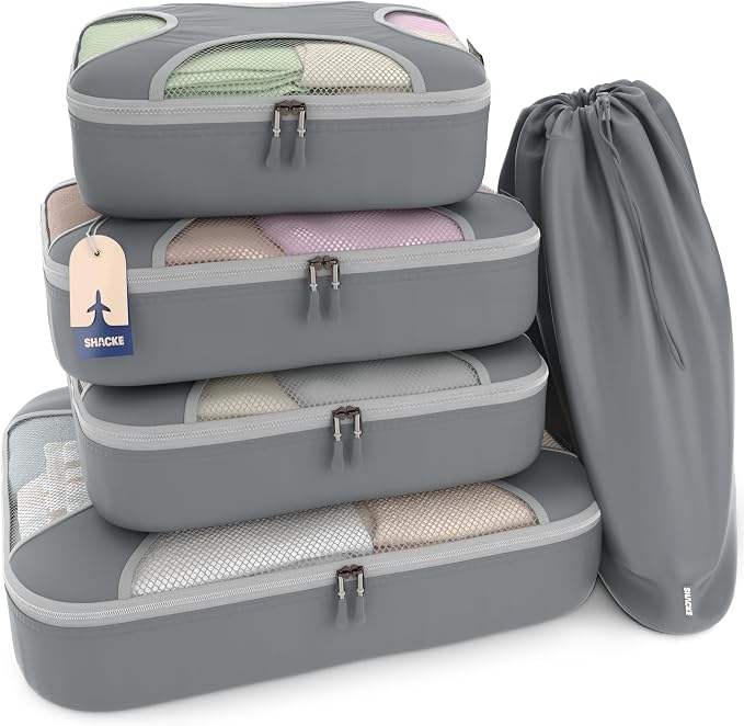 Shacke 5 Set Packing Cubes for Travel with Laundry Bag (Charcoal Gray) | Suitcase Organizer Bags Set: 4 Water-Resistant Luggage Cubes, XL to Small, + Laundry Bag for Carry-On or Checked by Shacke