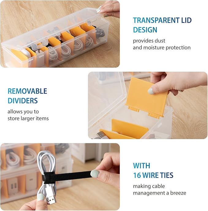 2 Pack Cable Organizer Storage Box with 16 Cable Ties, Clear Phone Charger Organizer Case Wire Organizers for Cords Electronic Storage Box for Drawer Desk Office Home - Image 4