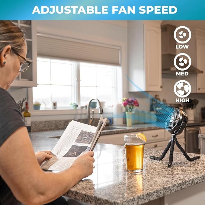 Comfort Zone Portable Stroller Fan, Light Blue | Rechargeable Battery Operated, Clip-On with 360° Flexible Tripod, LED Light, 3-Speed Cooling - Image 6