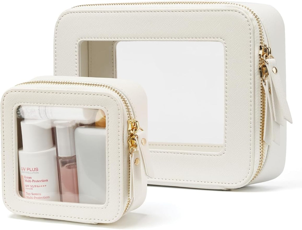 Clear Makeup Bag with Zipper, Set of 2, Mini and Medium, White | Clear Travel Bags for Toiletries, Structured Cosmetic Case for Women, Waterproof PU Leather, Wide Open Portable Car Organier by POPVIBE
