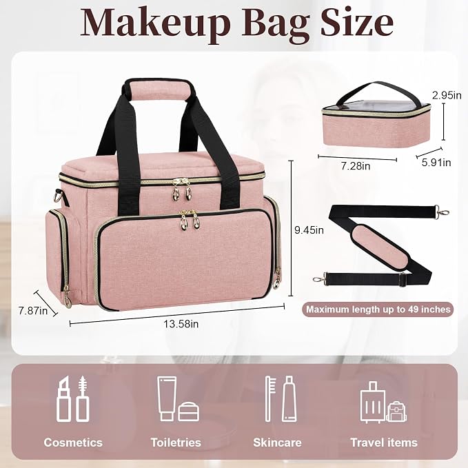 GDNasist Large Makeup Bag, Portable Travel Makeup Bag Organizer | Cosmetic Travel Bag for Women Girls with 2 Removable Pouches & Detachable Dividers, Toiletry Bag for Makeup and Hair Supplies - Image 4