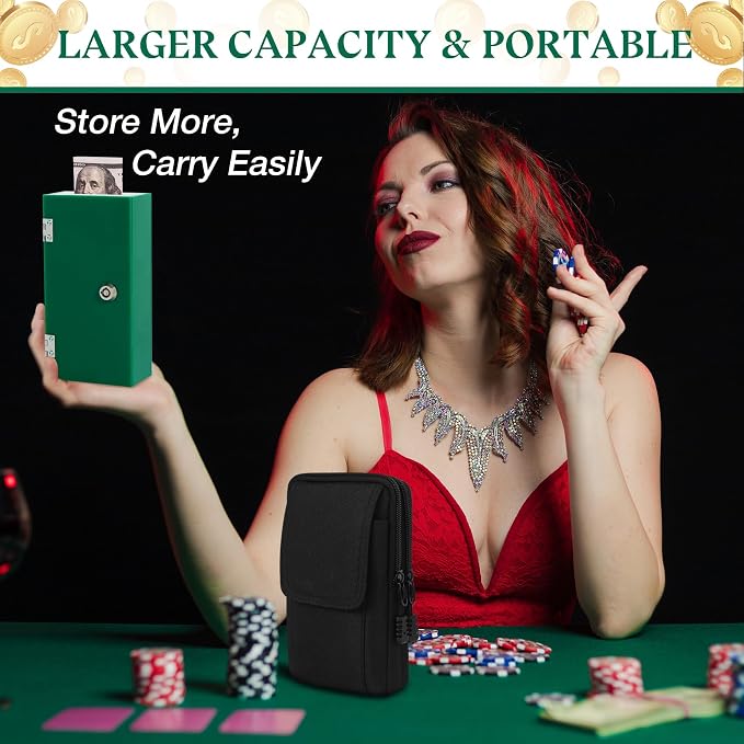 Acrylic Cash Box for Gambler 2 Pack Large and Small, Green Winners Bank with Keys, Slot, Storage Bag, Waist Bag, Portable Casino Money Organizer Safe Lock Box for Gamblers, Christmas Gift for Men - Image 5