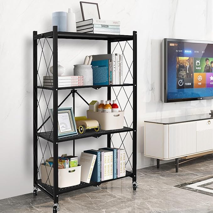 Life Hacks 2pcs 4-Tier Foldable Shelves for Storage, No Assembly Required, Folding Shelf Unit Pantry Shelves with Wheels, Metal Shelving Storage Rack Shelf for Kitchen Garage Home - Image 8