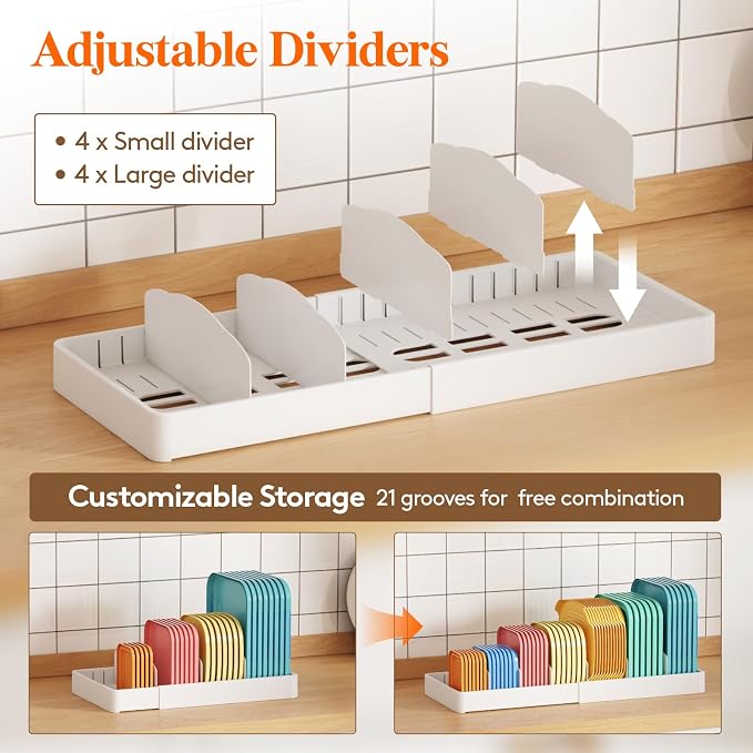 Lifewit Kitchen Cabinet Organizer for Food Contanier Lid with 9 Sections | Expandable Lid Holder with 8 Adjustable Dividers for Pantry Organizers and Storage, White, Extra Large, 13"-24" - Image 4