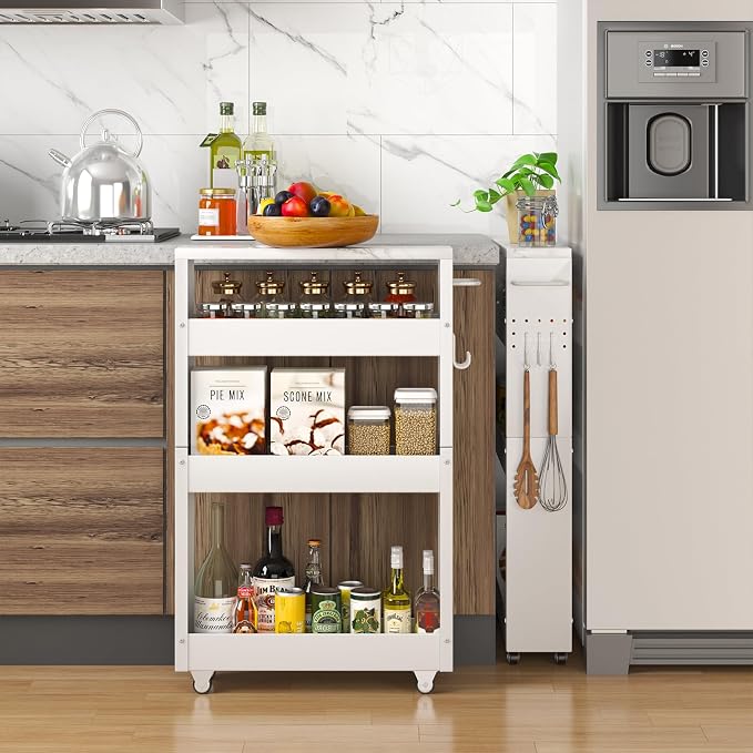 CHLORYARD Slim Storage Cart, 4-Tier Kitchen Rolling Cart Narrow Storage Cabinet with Handle & Wheels, Metal Rolling Shelf Unit for Kitchen Bathroom Laundry Small Places(5 in Width/White) - Image 3