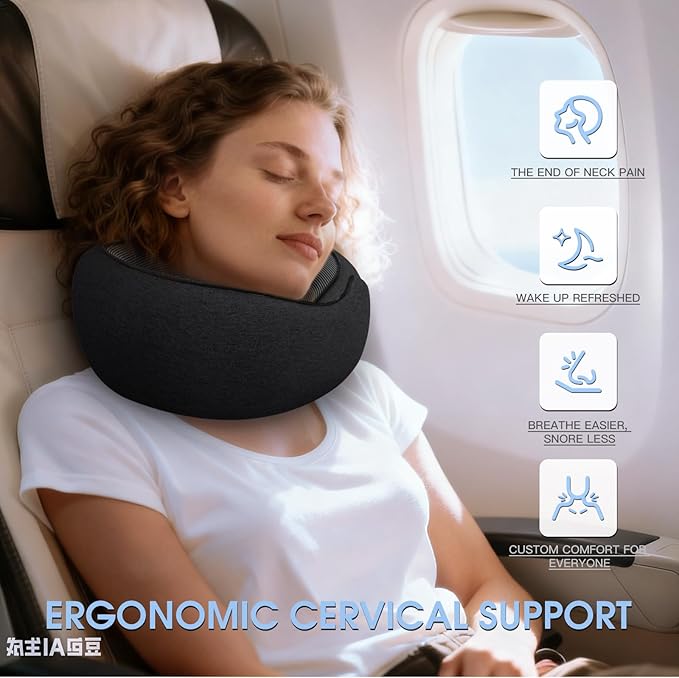 Neck Travel Pillows for Airplanes Memory Foam Neck Comfort Pillow Compact Ergonomic Design Sleeping Essentials for Long Flights Car Rides and Home Use (Black) - Image 3