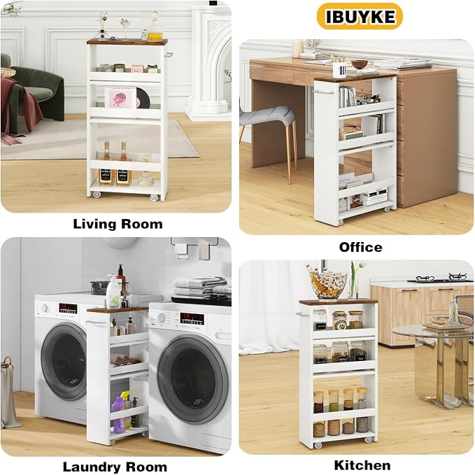 IBUYKE Slim Storage Cart Skinny Rolling Cart Utility Trolley UWST005W | 4-Tier,5.9" Narrow, with Handle & Lockable Wheels, for Kitchen Laundry Room Bathroom, Small Spaces,Space-Saving - Image 8