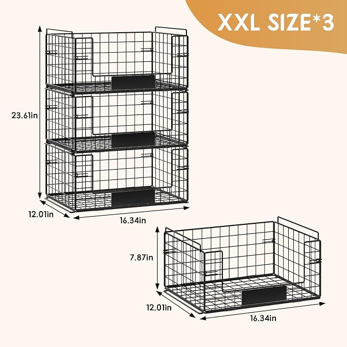 3 Pack XXL Stackable Wire Baskets with Handles & Name Plates | Pantry Organizers and Storage, Snack Organizer & Vegetable Basket & Metal Pantry Bin, Large Capacity, Durable and Sturdy - Image 3