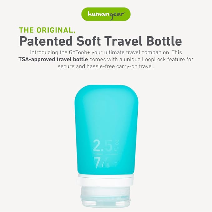 humangear GoToob+ (Medium) | Refillable Silicone Travel Bottle | Locking Lid | Food-Safe Material | Aqua, Medium (2.5 fl.oz.; 74ml) | Refillable & Leak-Proof Silicone Travel Size Bottles with Locking Cap for Toiletries, Camping & TSA Carry-On - Image 2