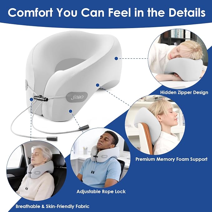 Travel Pillow Memory Foam Neck Pillow for Airplanes with Adjustable Drawstring Support, Gray Travel Neck Pillow for Flights, Road Trips, Trains & Everyday Travel - Image 4