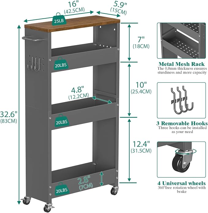 CHLORYARD Slim Storage Cart, 4-Tier Kitchen Rolling Cart Narrow Storage Cabinet with Handle & Wheels, Metal Rolling Shelf Unit for Kitchen Bathroom Laundry Small Places (5.9IN/ Gary/Brown) - Image 5