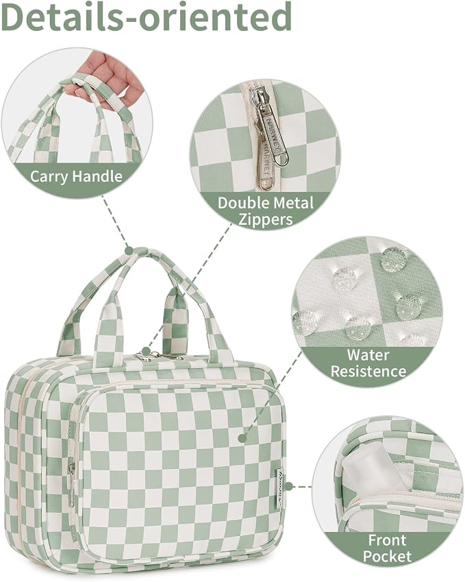 Narwey Travel Toiletry Bag for Women Large Capacity, Hanging Makeup Bag Organizer Toiletries Bag for Full Size Essentials, Accessories, Brushes, Cosmetics (Mint Green Checkerboard (Large)) - Image 8