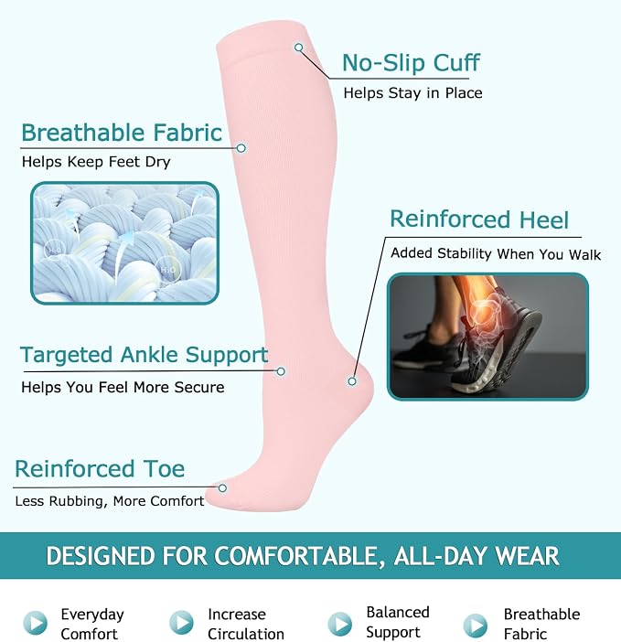 8 Pairs Compression Socks Women Men 15-20mmHg Knee High Support Circulation | Copper Nylon Graduated Stockings,Leg Fatigue, Nurses, Pregnancy, Running, Travel, Flight, Athletic, Medical - Image 4