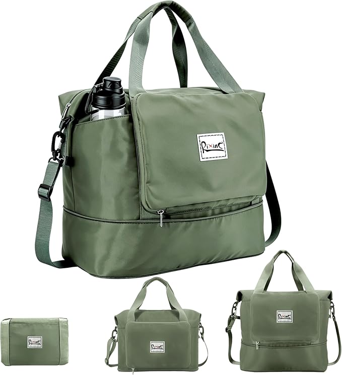 Foldable Travel Duffel Bag for Women, Olive Green | 40L Expandable Water-Resistant Carry on Bag, Personal Item Travel Bag Flight Approved with Wet Pocket for Gym Travel, Nylon by RIXINC