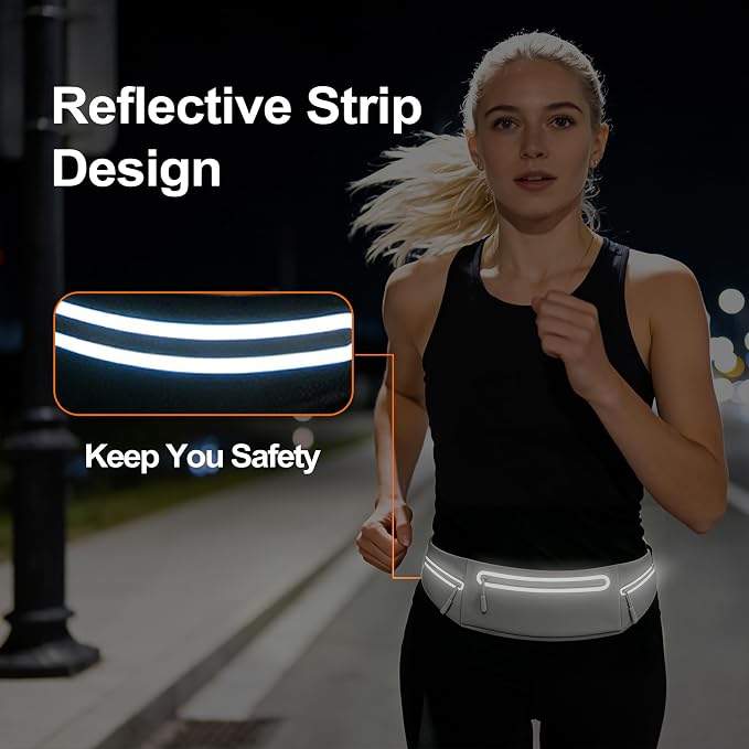Slim Running Belt for Women Men,Phone Holder Waist Pack,Runners Fanny Pack | No-Bounce,Sweat-Proof Pocket,Travel Money Pouch for Gym/Hiking/Cycling,Three pocket,Two Highly Reflective Strips - Image 6