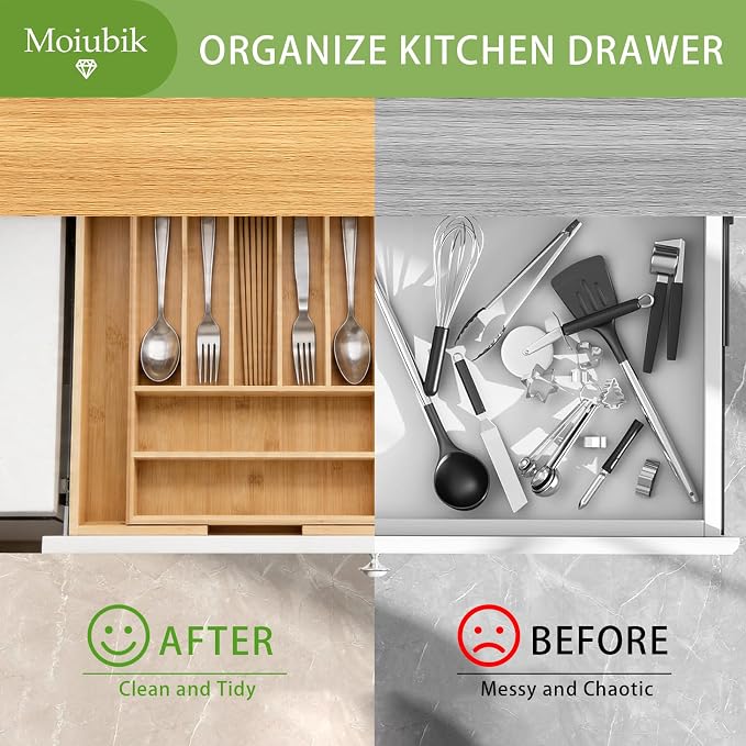 Bamboo Expandable Silverware Drawer Organizer, Adjustable Utensil Tray Cutlery Holder for Kitchen Drawer, Flatware Storage Organizer for Spoons, Forks and Knives, Natural (7 Slot,) - Image 4