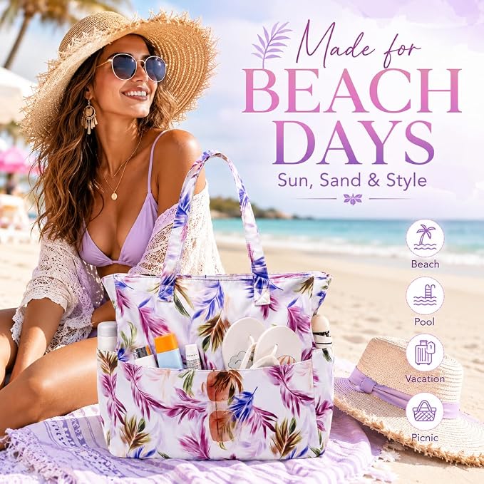 LEDAOU Large Beach Bag for Women, Waterproof Sandproof Tote Bag with Zipper | 36L Pool and Swim bag with Zipper, Wet/Dry pocket and 7 Pockets for Beach Days, Cruises, Vacations and Family travel - Image 2