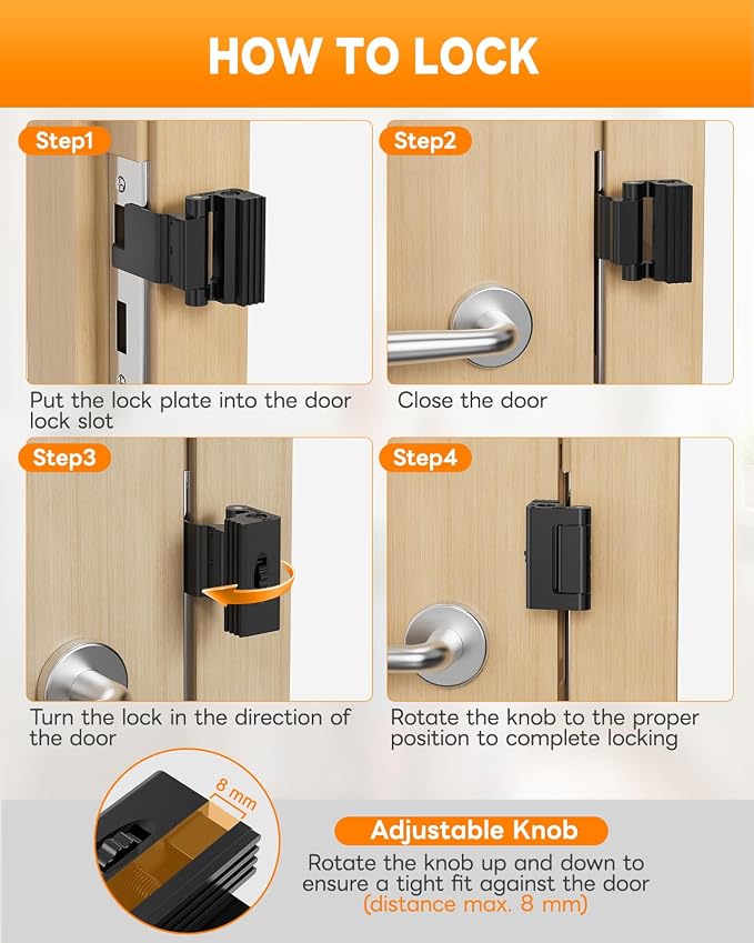 Portable Door Lock for Travel, Adjustable No Drilling Door Reinforcement Lock, Extra Latch Stopper for Hotel Room, Home Apartment, Inward Swing Door - Family & Travelers Security (Black-2PCS) - Image 5