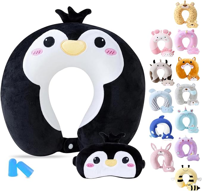 Cirorld Travel Pillow for Kids Adult Cute Neck Pillow for Traveling Memory Foam Airplane Pillow Sleep Mask Animal Flight Pillow Head Rest Neck Support for Cars Long Flights (Penguin, 9-12 Y/O) by CIRORLD