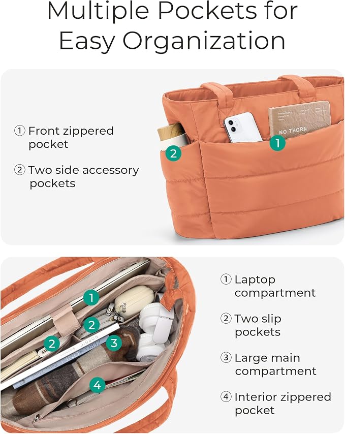 BAGSMART Tote Bag for Women, Lightweight Puffy Tote Bag with Compartments Shoulder Bag Handbag for Travel, Work, Gym | Lightweight - Image 4
